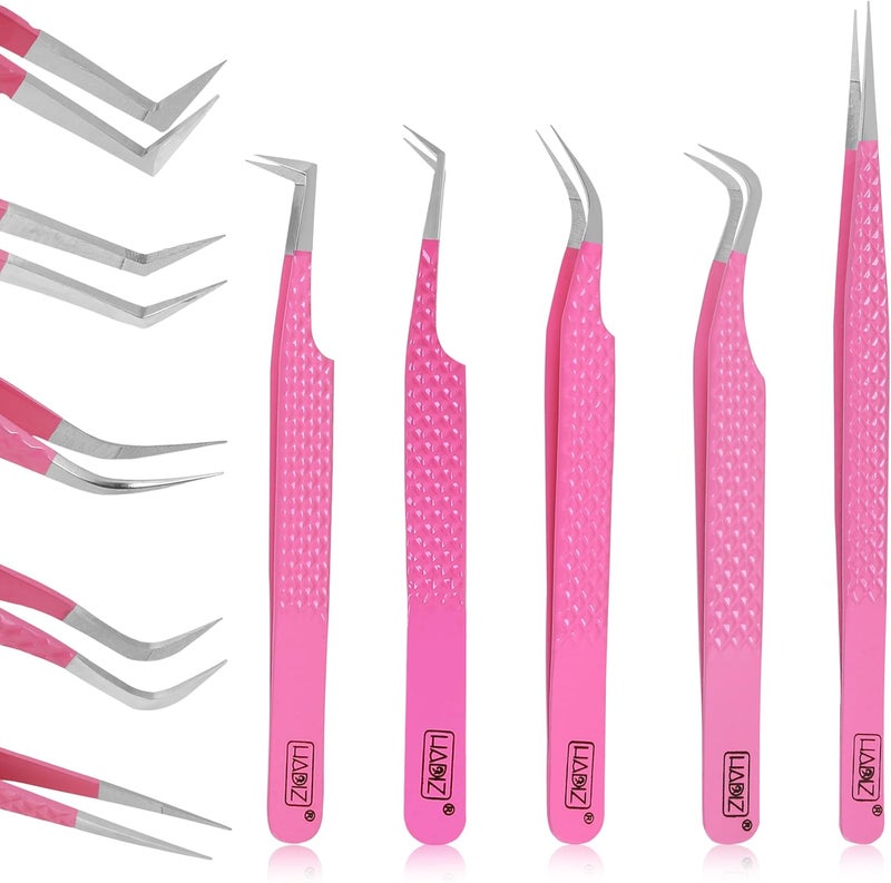 HADIZ Fiber Tip Eyelash Extension tweezers Lash Tweezer Japanese Steel set of five (Raspberry) - Image 2